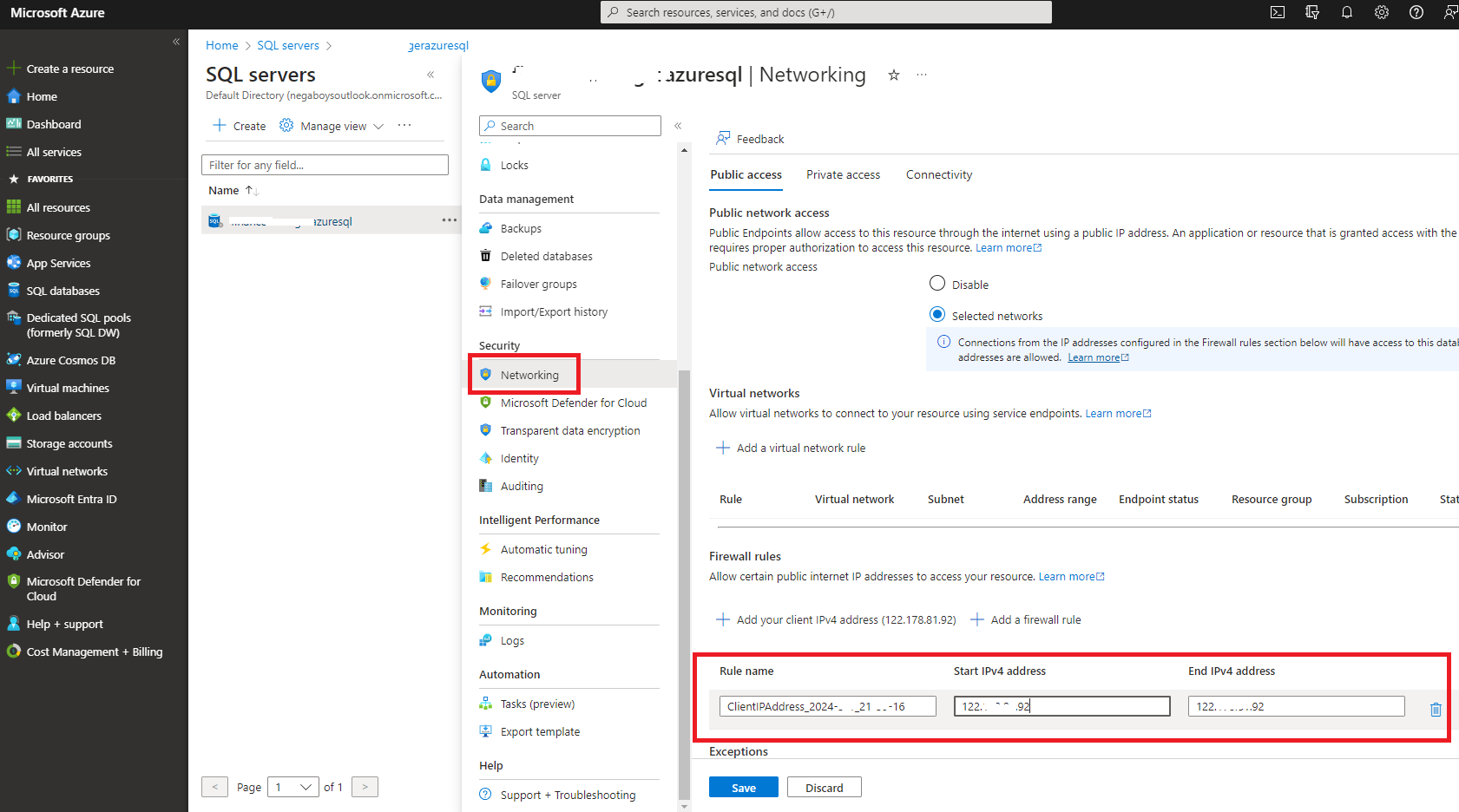 Azure SQL server - Networking